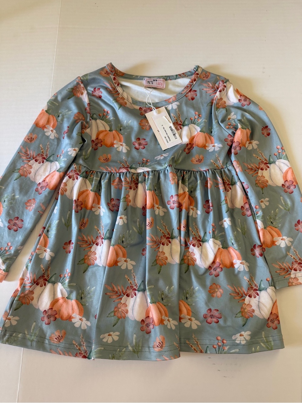 Girls' Blue Pumpkin Print Long-Sleeve Costume Dress